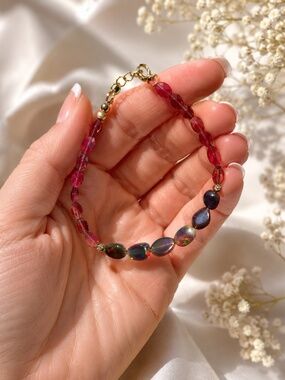 One of A Kind Garnet Black Opal Bracelet Solid 18k Gold , January October Births